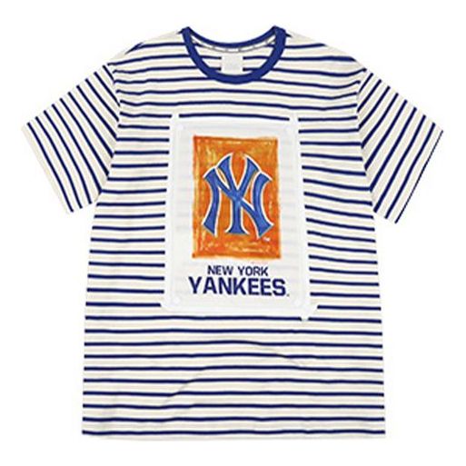 MLB Yankees Big Logo Printing Stripe Round Neck Short Sleeve Unisex White 31TSSB931-50L