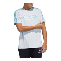 Men's adidas neo Solid Color Stripe Alphabet Round Neck Casual Short Sleeve Light Blue T-Shirt GP5664