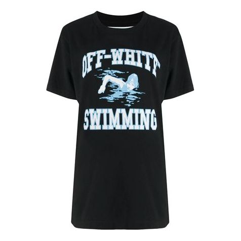 (WMNS) Off-White swimming print Short Sleeve Black OWAA071R20B070451001