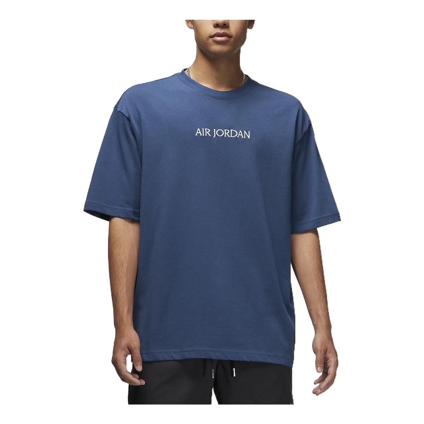 Men's Air Jordan Solid Color Alphabet Embroidered Round Neck Short Sleeve Blue T-Shirt DO6098-493