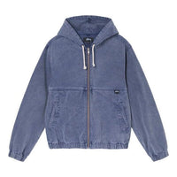 Men's Stussy SS22 Stone Washed Work Jacket Blue Metallic Zipper Hooded Jacket 115632