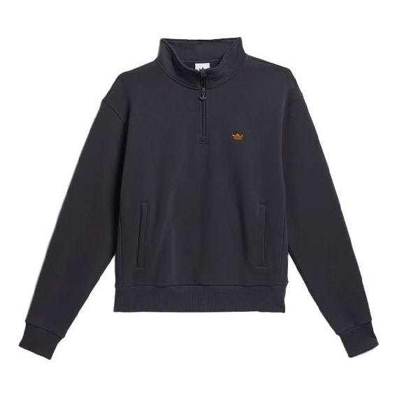 Men's adidas originals Logo Embroidered Solid Color 1/4 Zipper Stand Collar Jacket Dark Grey GR8771