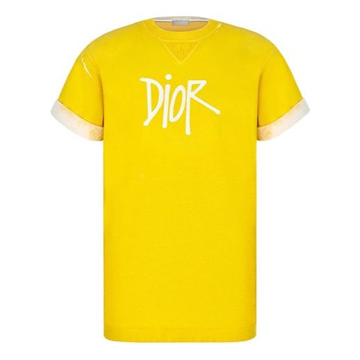 DIOR And Shawn Stussy Collaborative Letter Logo Print Oversized Short Sleeve For Men Yellow 033J625E0554-C200
