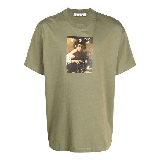 Men's Off-White FW21 Painting Printing Round Neck Short Sleeve Loose Fit Green T-Shirt OMAA038F21JER0055584