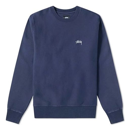 Men's Stussy Stock Logo logo Fleece Lined Round Neck Navy Blue 118310NAVY