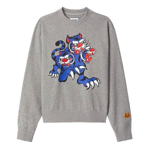 Men's KENZO x Kansaiyamamoto Crossover SS21 TIGER Cartoon Printing Pattern Round Neck Pullover Gray FB55SW0134ML-95