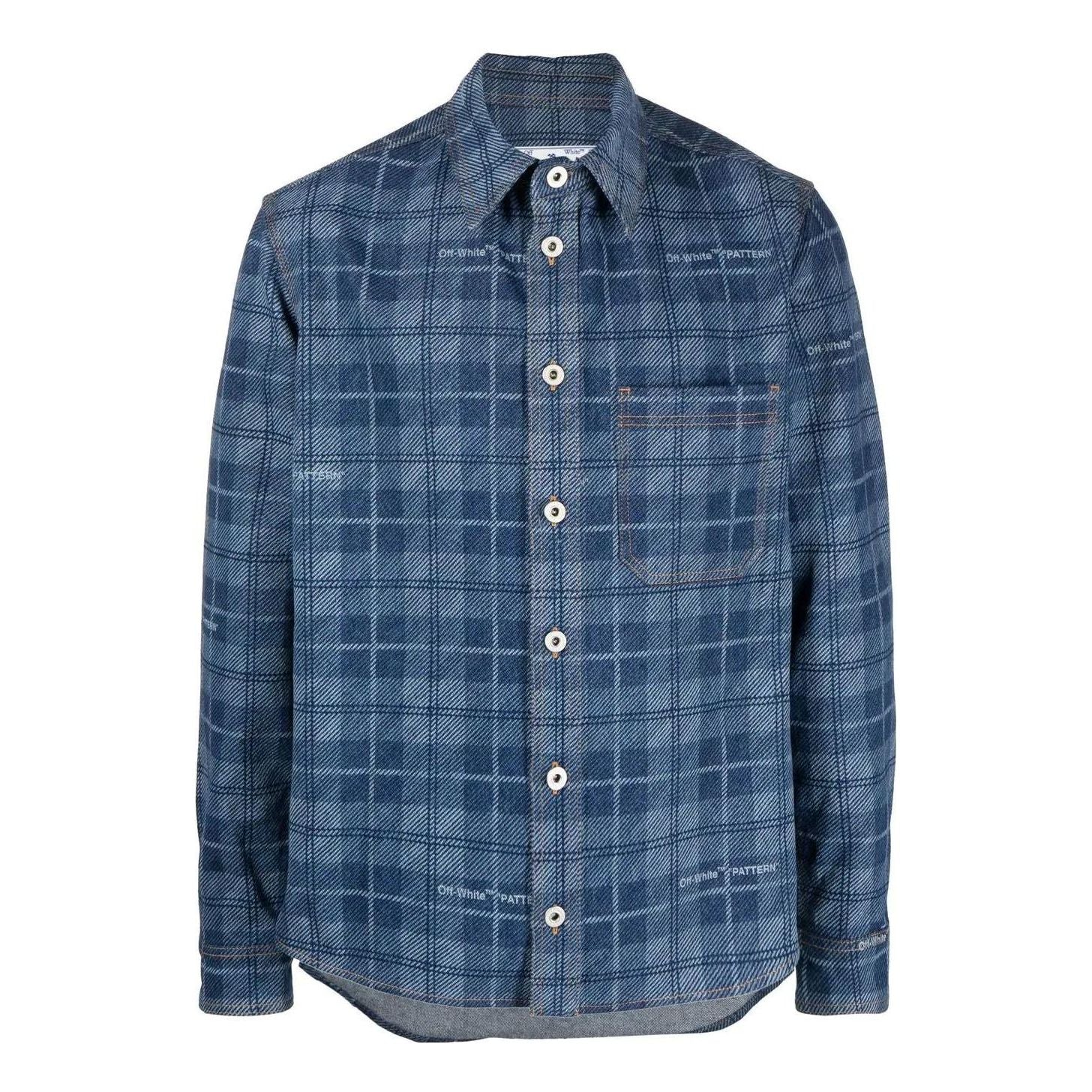 Men's Off-White SS22 Plaid Back Logo Printing Single Breasted Long Sleeves Ordinary Version Blue Shirt OMYD027G20DEN001450