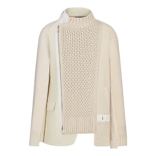 Men's DIOR x Sacai Crossover Ribbed Asymmetric Splicing Jacket Beige 213M439AT453-C080