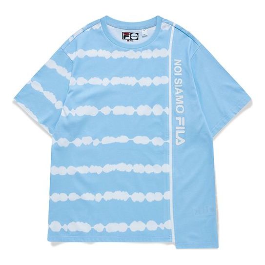 Men's FILA FUSION Tie Dye Printing Irregular Splicing Loose Knit Short Sleeve Blue White T-Shirt T11M131105F-LB