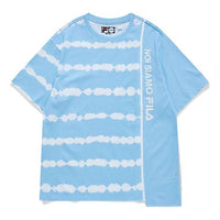 Men's FILA FUSION Tie Dye Printing Irregular Splicing Loose Knit Short Sleeve Blue White T-Shirt T11M131105F-LB