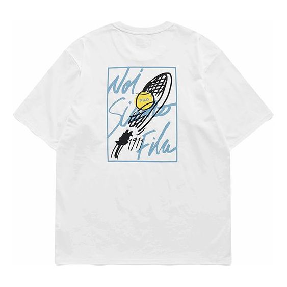 Men's FILA FUSION Alphabet Printing Loose Round Neck Knit Short Sleeve White T11M121107F-WT