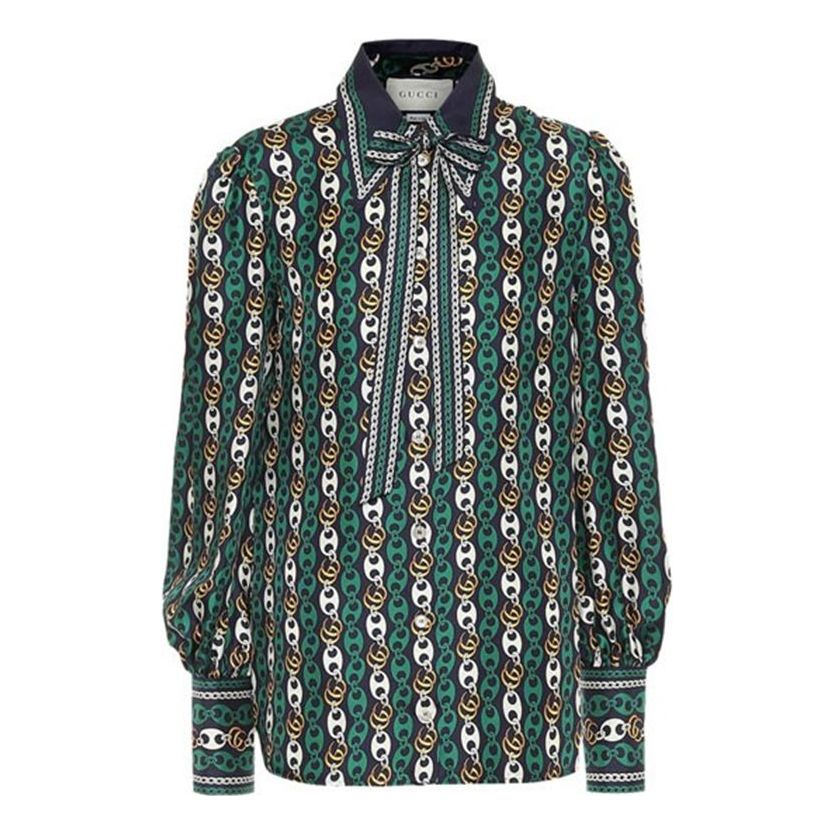 (WMNS) Gucci Bow Tie Boat Anchor Chain Printed Silk Shirt For Green 602042-ZAC7W-4667