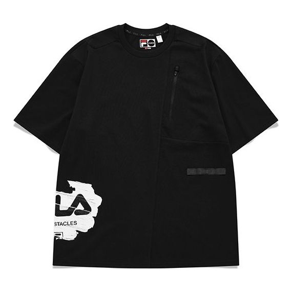 Men's FILA FUSION Logo Printing Splicing Sports Loose Short Sleeve Black T11M133101F-BK