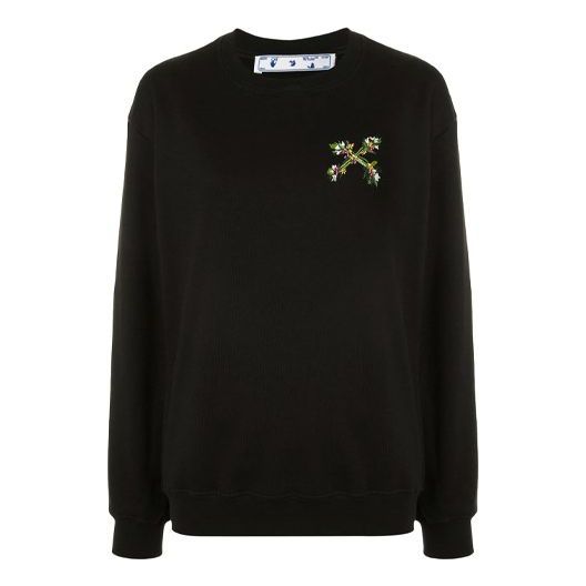 (WMNS) Off-White Flower Arrow Embroidered Casual Round Neck Black Hoodie OWBA046E20JER0021055