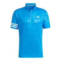 Men's adidas Stripe Embossing Printing Logo Short Sleeve Button Blue Polo Shirt HA3114