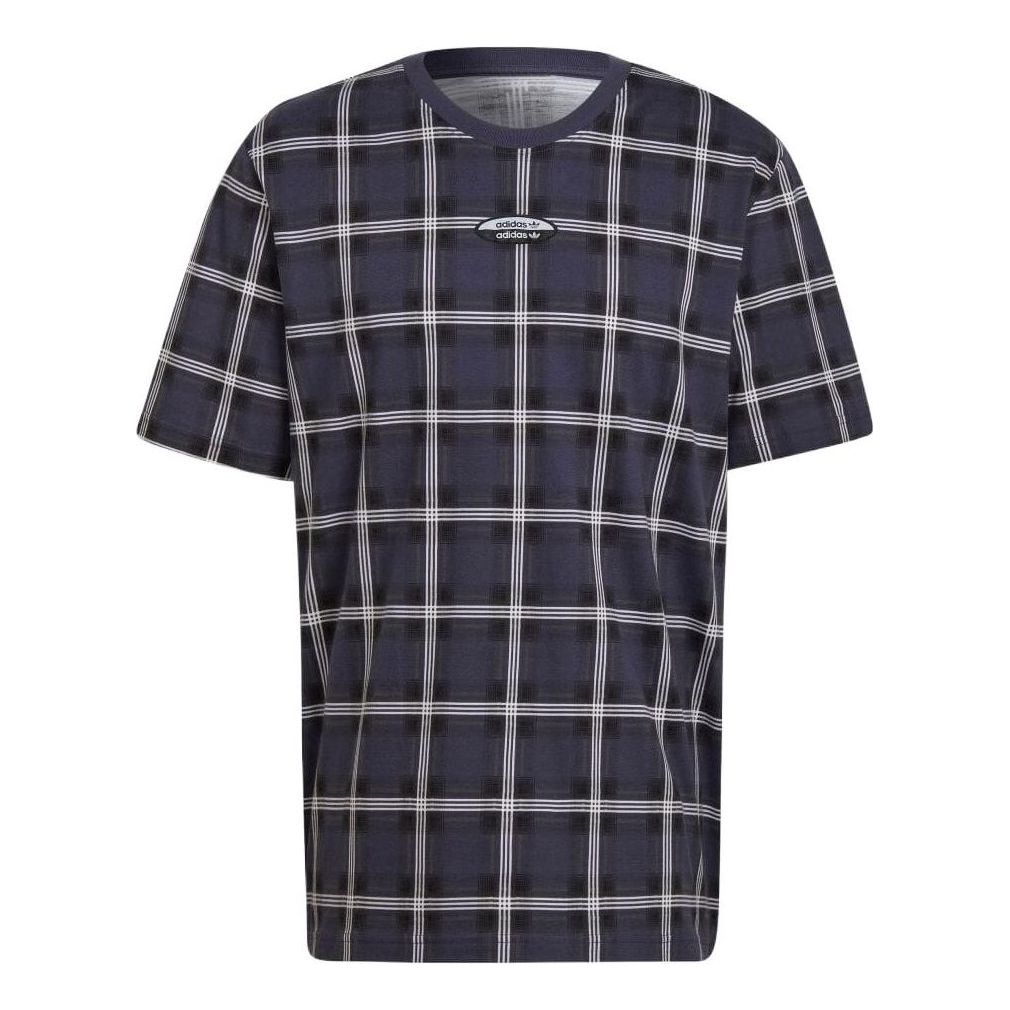 Men's adidas Plaid Casual Round Neck Pullover Short Sleeve Japanese Version Blue T-Shirt HC9495