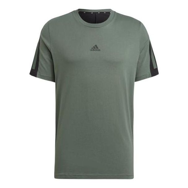 Men's adidas Stripe Colorblock Round Neck Pullover Short Sleeve Dark Green T-Shirt HK2286