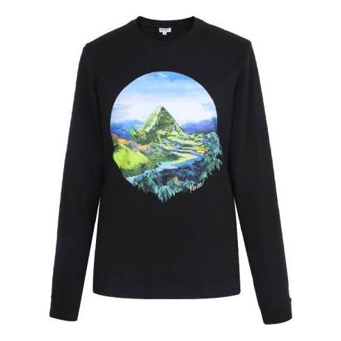 Men's KENZO Snow Mountain Painting Pattern Round Neck Long Sleeves Black T-Shirt F965TS1834SC-99