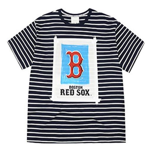 MLB The Red Sox Large Logo Printing Stripe Loose Round Neck Short Sleeve Unisex Navy Blue 31TSSB931-43N