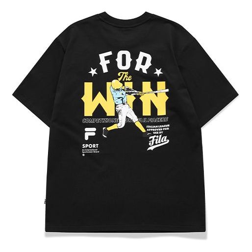 Men's FILA FUSION Cartoon Logo Printing Knit Sports Round Neck Short Sleeve Black T11M122103F-BK