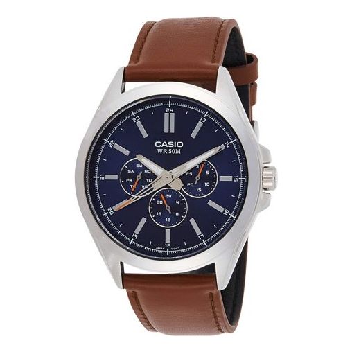 Men's CASIO Waterproof Quartz Watch Three Eyes Blue Dial 45mm Belt Mens Brown Analog MTP-SW300L-2AVDF