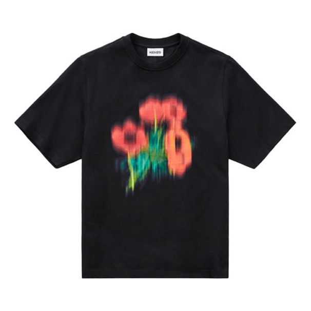 Men's KENZO SS21 Cotton Flowers Printing Pattern Round Neck Short Sleeve Black T-Shirt FB55TS0814SA-99