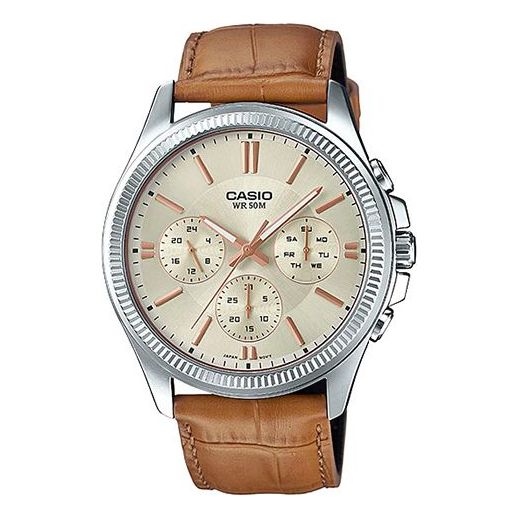 CASIO Business Style Leather Band Quartz Silver/Gold Waterproof Mens Brown Analog MTP-1375L-9A