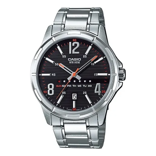 Men's CASIO Dress Quartz Movement Stainless Steel Dial Black Dial 50m Waterproof 43.7mm Watch Analog Mens MTP-E106D-5A