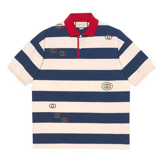 Gucci SS21 Embroidered Stripe Knit Short Sleeve Polo Shirt Blue 581976-XJA6H-4594