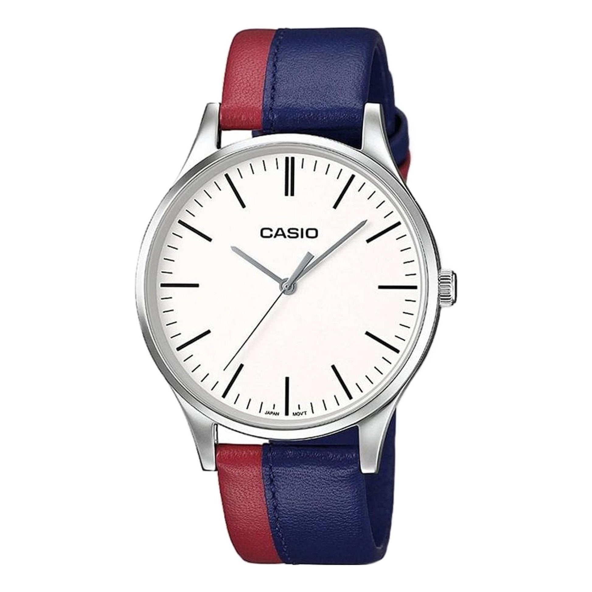 Men's CASIO Dress Series Leather Strap White Dial Pointer Display Quartz Watch Blue Red Analog Mens MTP-E133L-2EEF