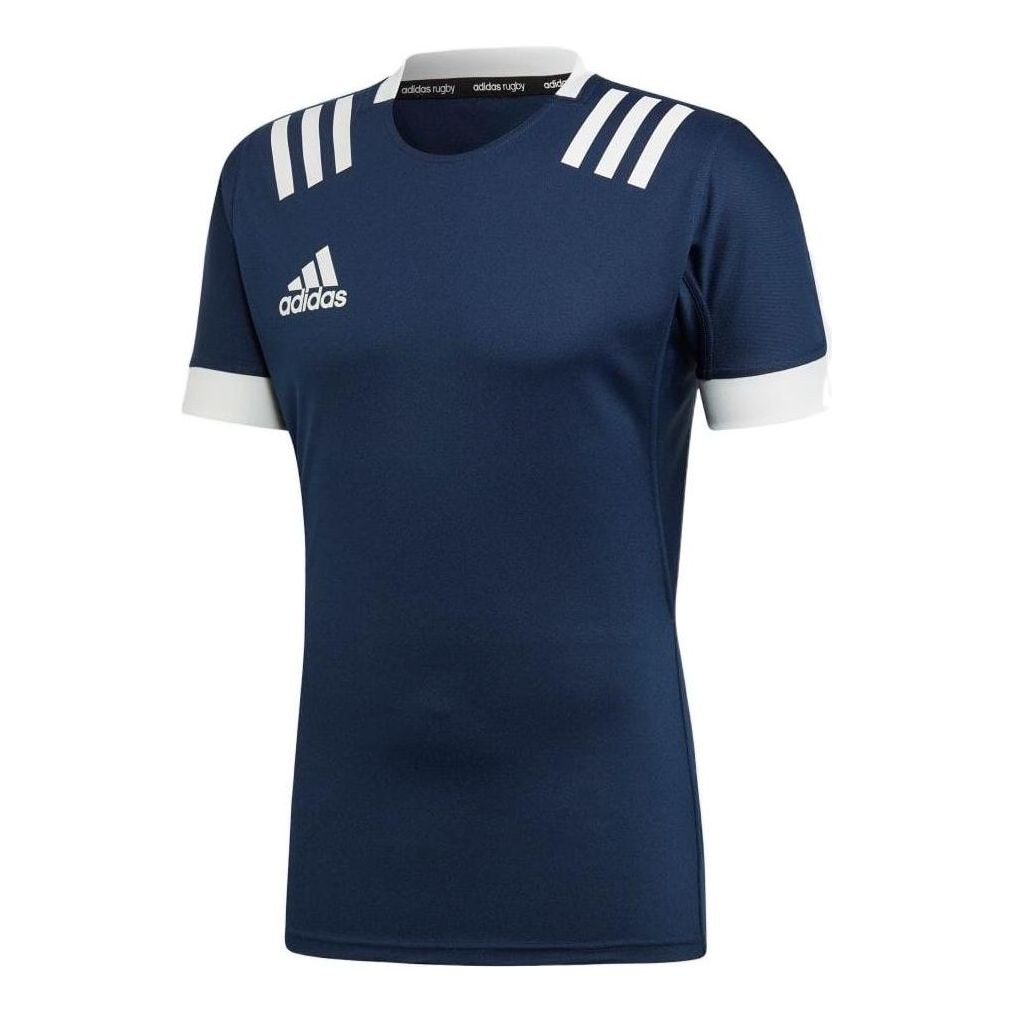 Men's adidas Stripe Logo Printing Rugby Sports Round Neck Short Sleeve Blue T-Shirt DY8507