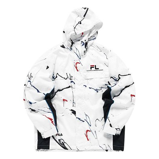 Men's FILA FUSION x FUTURA Crossover Splash Ink Full Print Woven Sports Hooded Jacket White T11M138704F-WT