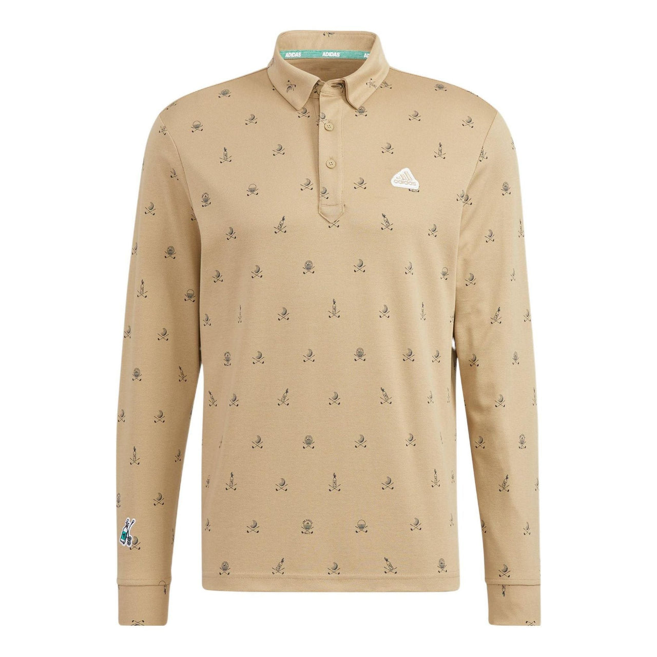 Men's adidas Solid Color Full Print Pattern Long Sleeves Hemp Color Polo Shirt HI5100