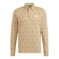 Men's adidas Solid Color Full Print Pattern Long Sleeves Hemp Color Polo Shirt HI5100
