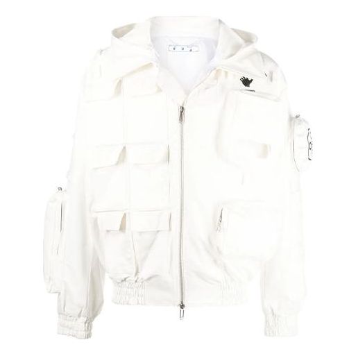 Off-White SS22 Multiple Pockets Logo Printing aviator Jacket White OMEA202T22FAB0010110