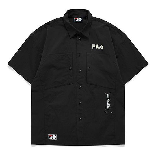 FILA FUSION Logo Printing Cargo Loose Woven Short Sleeve Shirt Couple Style Black T11U126402F-BK