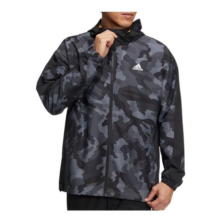 Men's adidas Camouflage Adjustable Hooded Sports Gym Jacket Black HE7450