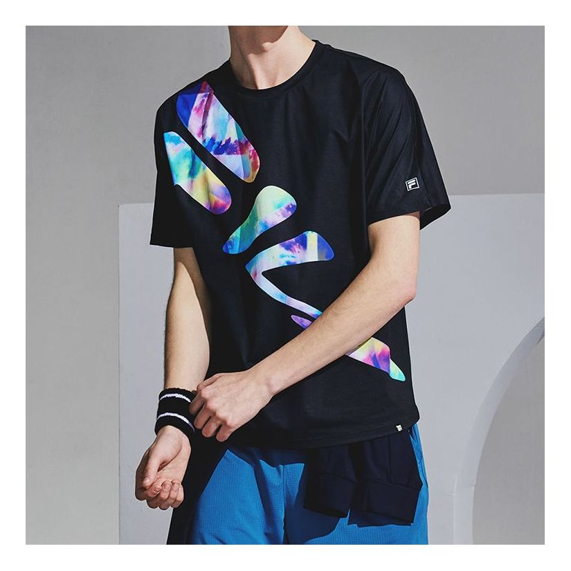 Men's FILA Water Ripple Printing Running Short Sleeve Black T-Shirt A11M022108F-BK