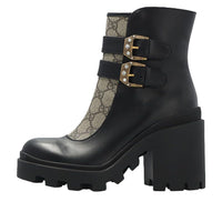 (WMNS) Gucci Buckles Ankle Boots 'Black Beige' 701100-UVV20-1182