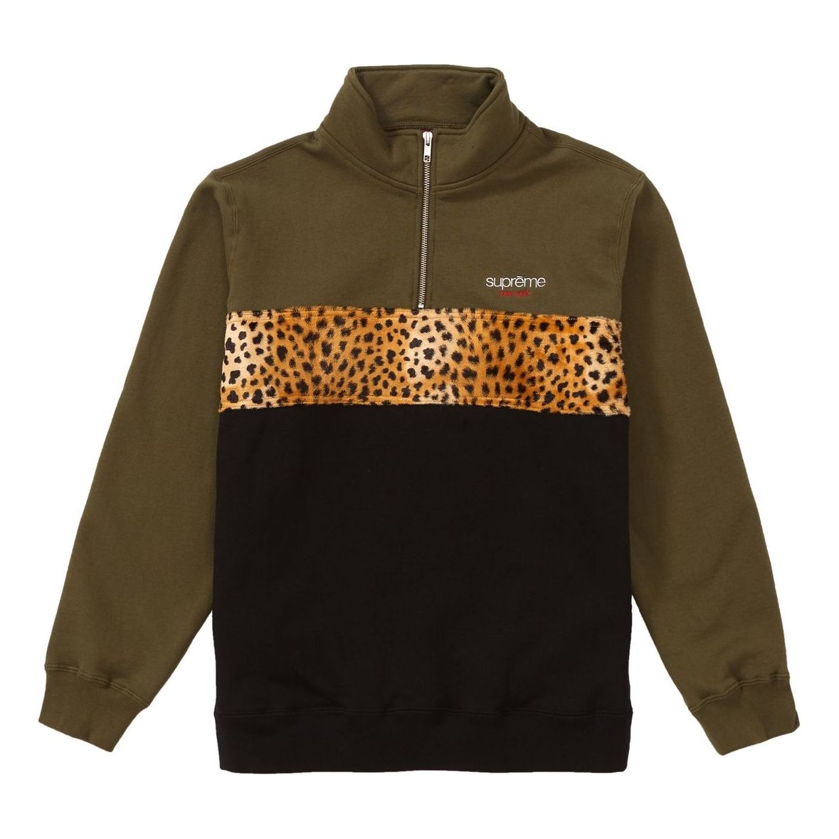 Supreme FW18 Leopard Panel Half Zip Sweatshirt Dark Olive SUP-FW18-708