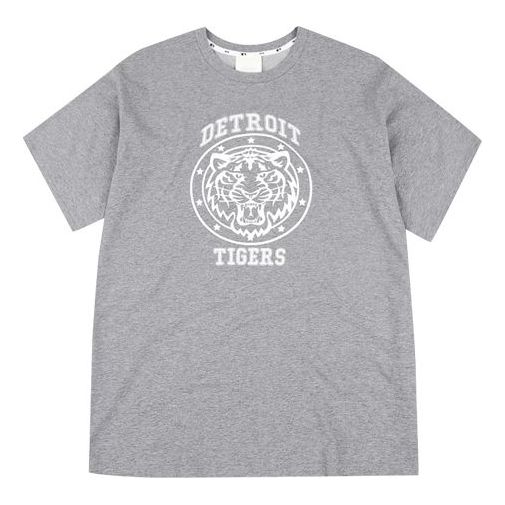 MLB Cartoon Series Detroit Tigers Printing Athleisure Casual Sports Round Neck Loose Short Sleeve Unisex Gray 31TSTL931-46M