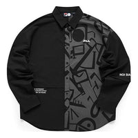 Men's FILA FUSION Character Printing Contrasting Colors Casual Loose Long Sleeves Dark Black Shirt T11M121702F-BK
