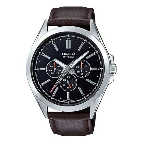 Men's CASIO Waterproof Quartz Three Eyes Date Display 45.7mm Leather Strap Watch Mens Black Analog MTP-SW300L-1AVDF
