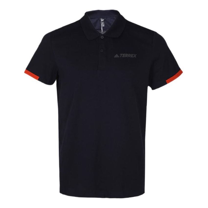 Men's adidas Solid Color Classic Logo Printing Cuff Detail Short Sleeve Navy Blue Polo Shirt FN0769