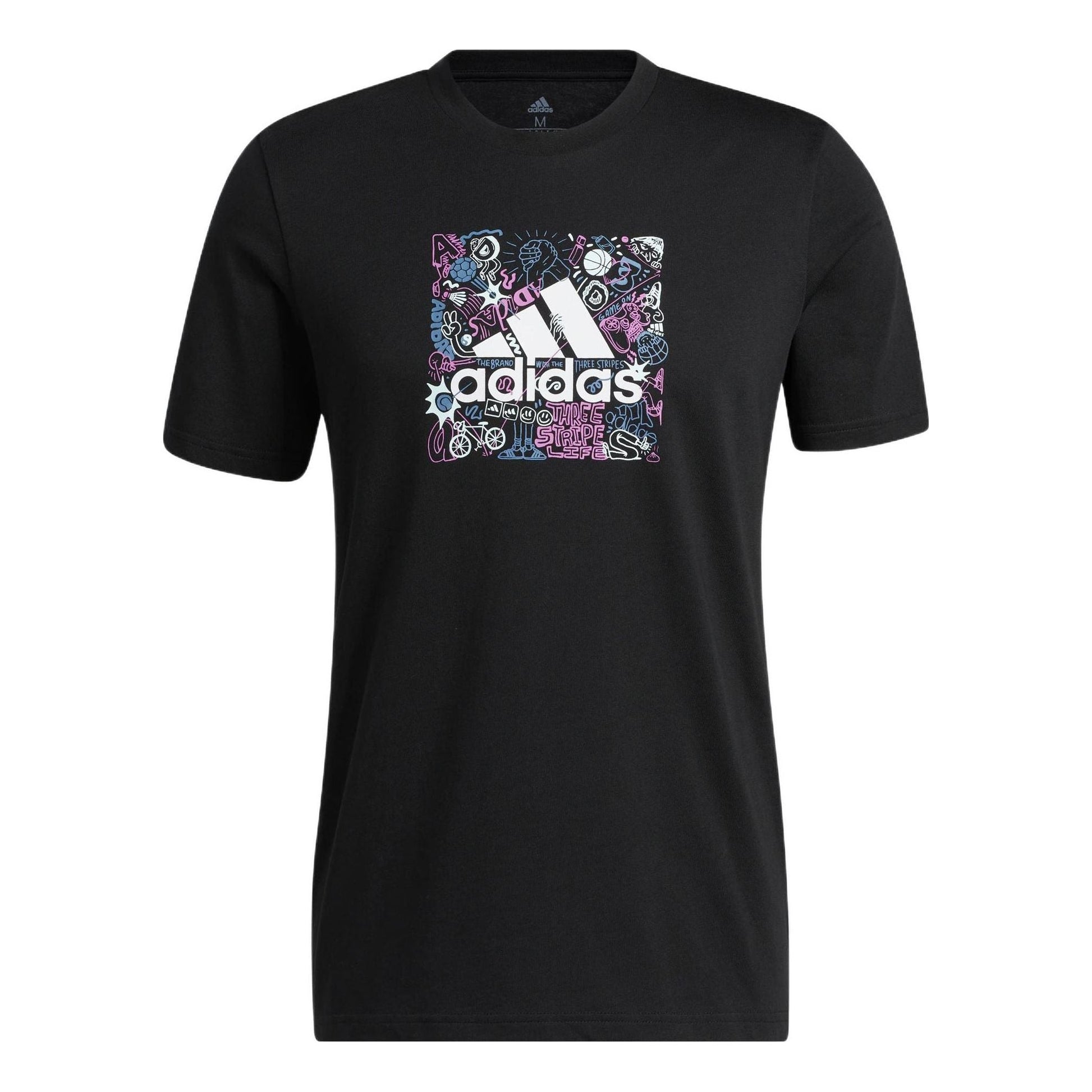 Men's adidas Cartoon Graffiti Alphabet Logo Pattern Printing Round Neck Short Sleeve Black T-Shirt IB9427