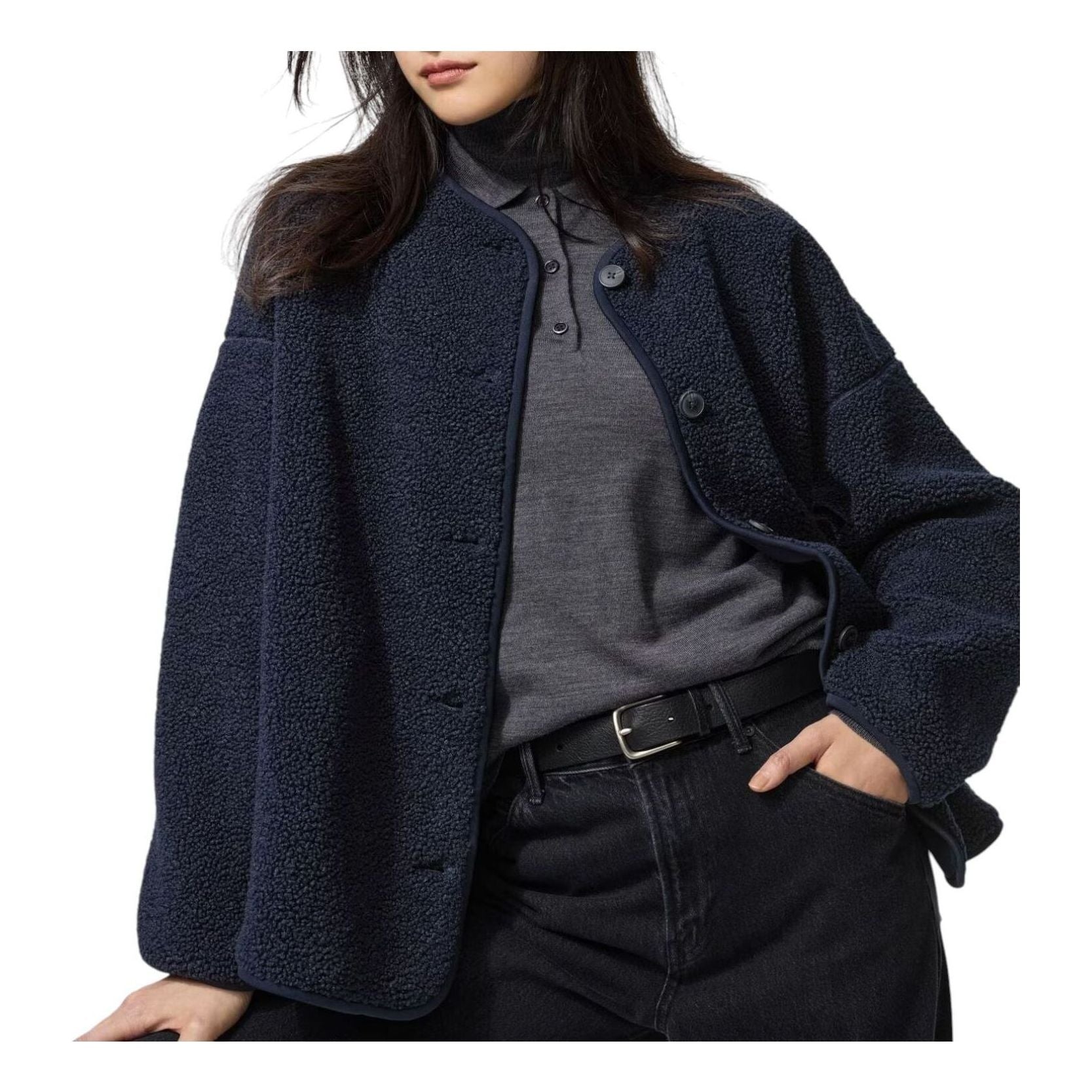 UNIQLO Pile Lined Fleece Relaxed Cardigan 'Navy' 479616-69